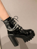 Bottines Talons Hautes Femmes Hiver avec Plateforme à Cuir Synthétique Vernis à Bout Rond à Lacets avec Boucles Unicolore