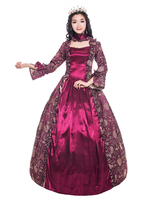 Bourgogne Costumes Rétro Femmes Imprimé Floral Mat Satin Style Victorien Vintage Vêtements Déguisements Halloween