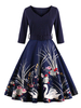 Bourgogne robe Vintage V Manche 3/4 longueur manches Floral imprimé robe Slim Fit patineuse plissée