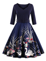 Bourgogne robe Vintage V Manche 3/4 longueur manches Floral imprimé robe Slim Fit patineuse plissée