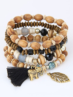 Bracelet doux en bois casual avec frange Pendentif Éléphant