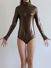 Brillant métallique Zentai costume justaucorps de la femme manches longues impression léopard brun foncé Déguisements Halloween