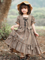 Cadeau Noël Enfants Costumes Rétro Classique Lolita Plaid Cotton Fille Robe Avec Coiffures De Nœud Déguisement Halloween Baptême