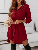 Cadeau Saint Valentin Robe de Chemisier Tunique Courte Femme à Col Revers avec Manches Longues Coupe Cintrée avec Boutons Unicolore Robe Femme