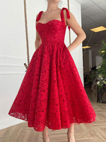 Cadeau Saint Valentin Robe de Soirée en Dentelle Femme Longue avec Bretelles à Lacets à Col Décolleté Coupe Cintrée Bas Evasée avec Fente Unicolore