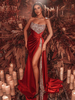 Cadeau Saint Valentin Robe de Soirée en Paillette en Satin avec Epaule Dénudée Coupe Cintrée Bicolores avec Fente Robe Femme