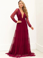 Cadeau Saint Valentin Robe de Soirée Longue en Mousseline Femme avec Manches Longues à Col Décolleté en V Coupe Cintrée Bas Evasée Unicolore Robe de Cocktail