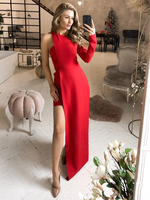 Cadeau Saint Valentin Robe de Soirée Longue Femme en Mousseline avec Manche Longue à Col Rond Coupe Cintrée avec Fente Unicolore Robe Femme