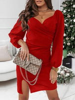 Cadeau Saint Valentin Robe Moulante Courte Femme à Col Décolleté en V avec Manches Longues Amples Coupe Cintrée Unicolore Robe Sexy