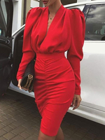 Cadeau Saint Valentin Robe Moulante Courte Femme à Col V avec Manches Longues Amples Coupe Cintrée Unicolore