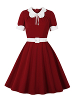 Cadeau Saint Valentin Robe Rétro Vintage 1950s Courte Femme à Col Revers avec Manches Courtes Coupe Cintrée à Lacets Bas Evasée Bicolores