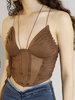Café Marron Cami Top Halter Sans Manches Plissé Polyester Sexy Femmes Camis