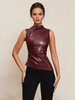 Camisole noire en cuir PU plissé à col haut sans manches pour femme
