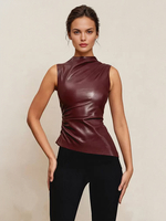 Camisole noire en cuir PU plissé à col haut sans manches pour femme