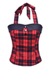 Camisole Top Vintage Femmes Imprimé avec Carreaux sans Manches à Col Carré à Lacets Décors avec Boutons Coupe Cintrée