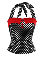 Camisole Top Vintage Femmes Imprimé avec Pois sans Manches à Col Carré à Lacets Décors avec Boutons Coupe Cintrée