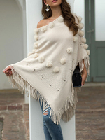 Cape Manteau Femme avec Franges avec Pompon avec Epaules Dénudées avec Manches Longues Unicolore