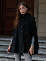 Cape Manteau Femme Courte à Col Montant avec Manches Longues avec Boutons Unicolore Poncho Cape Femme