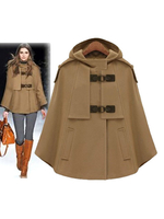 Cape Manteau Poncho Femme Hiver à Capuche Court avec Manches Longues avec Poches Fermerture avec Boucles Bicolores Cape Manteau