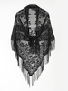 Cape noire imprimée poncho femme en dentelle Frange