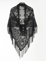 Cape noire imprimée poncho femme en dentelle Frange