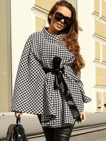 Cape Poncho Pied-de-poule Manteau Femme Courte à Col Montant avec Manches Longues Fermeture à Lacets en Satin Décontractées Bicolores Cape Hiver