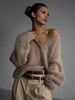 Cardigan en fausse fourrure kaki à manches longues et col en V surdimensionné pour femme vêtement dextérieur confortable pour le printemps 2025