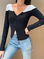 Cardigan noir à col en V et manches longues en coton pour femmes
