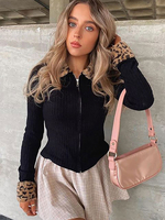 Cardigans Courts en Mailles Imprimés Léopards Moulants Tailles Hautes Femmes à Col Revers avec Manches Longues Bicolores à Zip Sexy