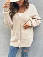 Cardigans en Côtelé Femme Courts à Col V avec Manches Longues Amples avec Poches Unicolore Pull Femme