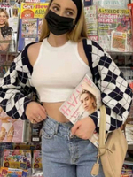 Cardigans en Côtelé Taille Haute avec Manches Longues à Col Revers Coupe Cintrée Bicolores Pull Femme