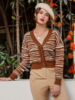 Cardigans Femmes Courts en Mailles Imprimés les Rayures à Col V avec Manches Longues Fermeture avec Boutons Bicolores
