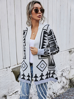 Cardigans Femmes en Mailles Imprimés avec Manches Longues Décors avec Franges Bicolores