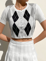 Cardigans Imprimé Carreaux Femme avec Manches Courtes à Col Rond Taille Haute Pull en Maille Sexy