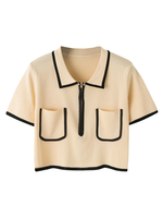 Cardigans Pull en Maille Haut Sexy Femme Taille Haute à Col Rever avec Manches Courtes à Zip avec Poches Bicolores