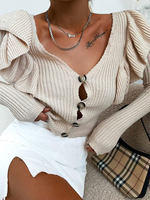 Cardigans Pull en Maille Hiver Côtelé avec Manches Longues Volants Fermeture avec Boutons Unicolore Pull en Maille Femme Hiver