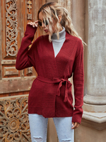 Cardigans Pull en Maille Hiver Côtelé Rouge Foncé avec Ceinture à Lacets Long à Col V Pull en Maille Femme Hiver