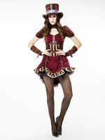 Carnaval Cirque Costume Bourgogne Gants Femme Robe Chapeau Ensemble Polyester Halloween Déguisement Costumes