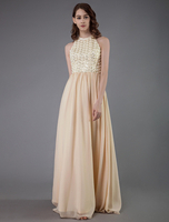 Champagne Robe de Bal 2021 Chiffon Sans Manches Longueur Plancher Formel Robes de Soirée de Graduation