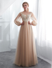 Champagne robes de bal à manches longues en dentelle tulle une ligne longueur au sol robe formelle robes dinvité de mariage