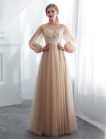 Champagne robes de bal à manches longues en dentelle tulle une ligne longueur au sol robe formelle robes dinvité de mariage