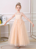 Champagne Robes de demoiselle dhonneur col bijou Polyester demi-manches longueur cheville fleurs A-ligne robes de soirée pour enfants
