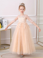 Champagne Robes de demoiselle dhonneur col bijou Polyester demi-manches longueur cheville fleurs A-ligne robes de soirée pour enfants