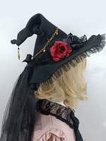 Chapeau gothique Lolita Fleurs noires Volants Chaînes Accessoire Polyester Lolita Accessoires