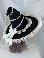 Chapeau gothique Lolita noir avec nœuds et volants et chaînes - Accessoire en polyester - Accessoires Lolita