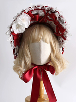 Chapeau Lolita doux Fleurs rouges Nœuds Accessoire en dentelle Accessoires Lolita en polyester