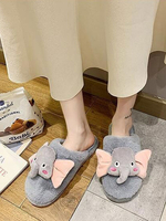 Chaussons Teddys Eléfant Imprimés Femmes avec Bout Rond Pantoufles Bicolores Hivers Chaud et Comfortable Intérieur