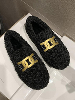 Chaussons Teddys Hiver Femme Décors avec Boucles Métals avec Bout Rond Bicolores Chaussons Chaud et Comfortable Intérieur