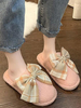 Chaussons Teddys Noeud Hiver Femme Imprimés avec Bout Rond Bicolores Chaussons Chaud et Comfortable Intérieur