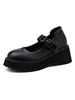 Chaussure Plateforme Mocassins Femmes en Cuir Synthétique à Bout Rond Noir Unicolore avec Boucles Chaussure Plate Mocassins Femmes